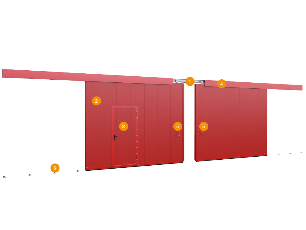 Yong'inga qarshi eshiklar yong'inning va yonuvchi mahsulotlarning tarqalishini to'xtatib, shu bilan birga muhim qarorlar qabul qilish uchun zarur bo'lgan vaqtni oshiradi. DoorHan yong'inga qarshi o'tkaziladigan eshiklari Rossiyaning qurilish standartlariga to'liq javob beradi va moslik sertifikatlariga ega. Ikki eshikli o‘zgartirilgan eshiklarning tuzilishi: 1) navesli rolikli oporalarga ega nurlik; 2) eshik varaqasi; 3) integratsiyalangan kalitka; 4) himoya qutisi; 5) tutqich; 6) pastki yo'naltiruvchi rolik.